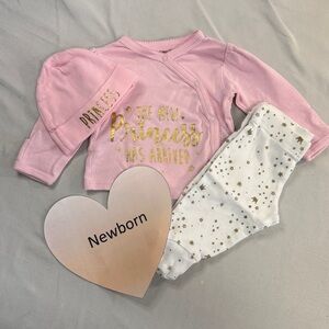 Gerber - Soft Pink Newborn "Princess" top, pants, and hat set w/ gold design
